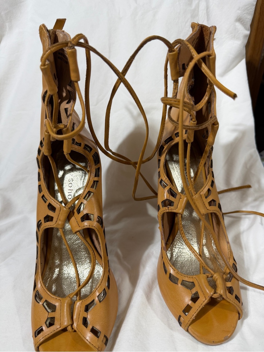 Sesto Meucci Cognac Lace-Up Cutout Peep Toe Heels